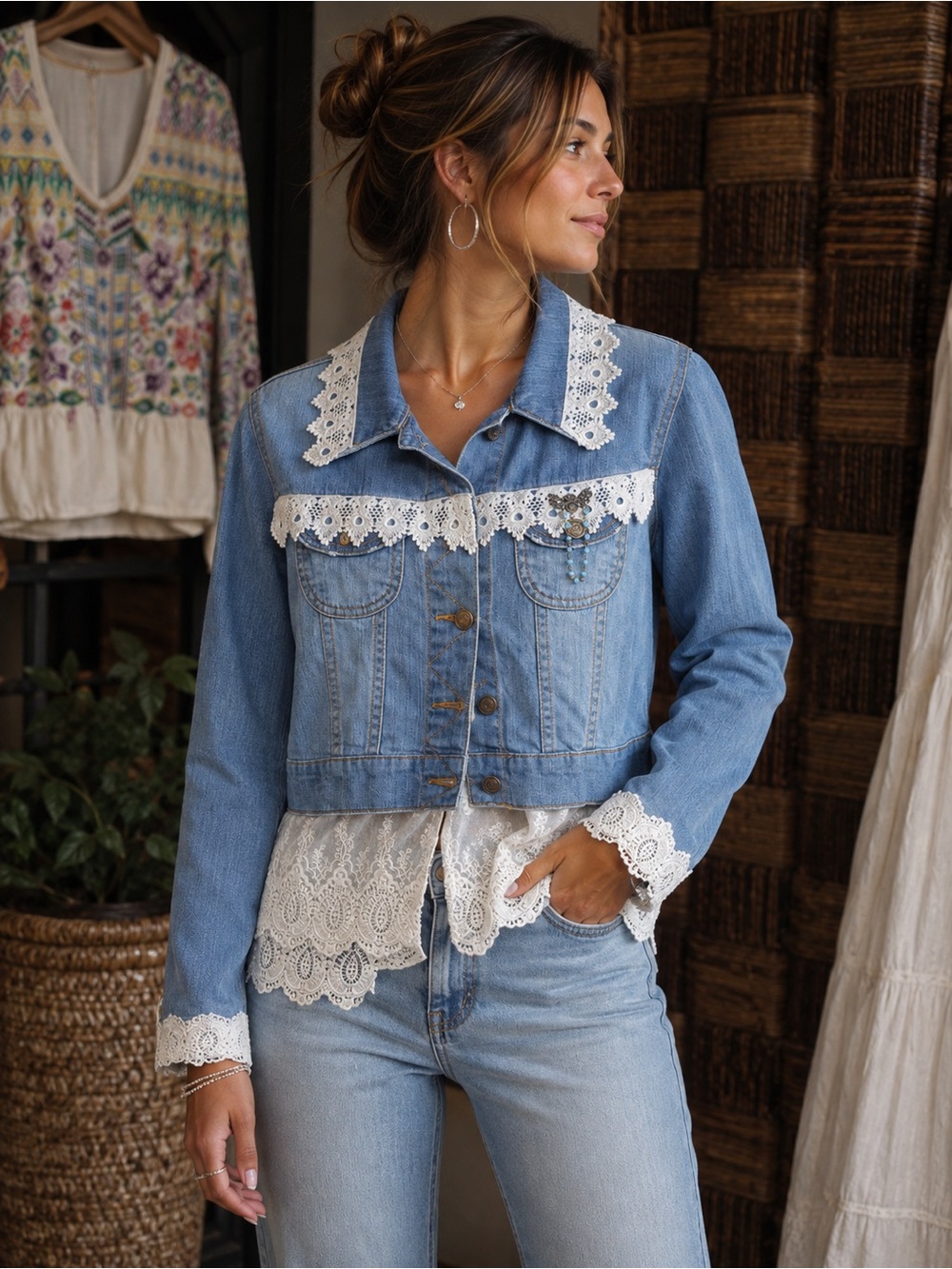 Upcycled Old Navy Light Blue Denim Jacket with White Lace Trim